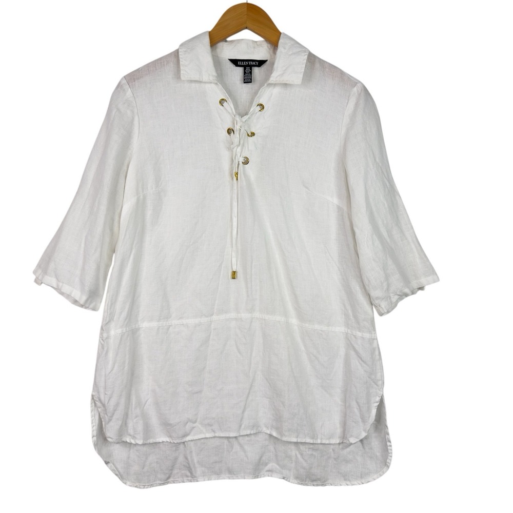 Ellen Tracy Linen Tunic Top Women M White Lace Up Neck Hi Low Hem Beach Cover Up